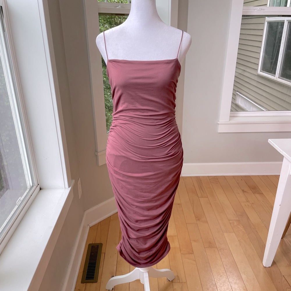 Windsor Rose Pink Drapey Rusched Bodycon Midi Dress Size Large NWT